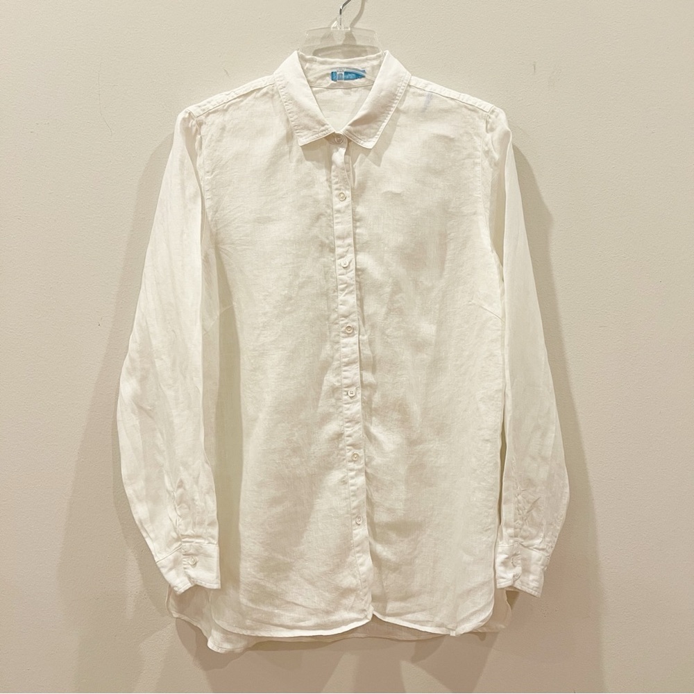 J McLaughlin Shirt Top Womens Large White Linen Long Sleeve Coastal Lagenlook